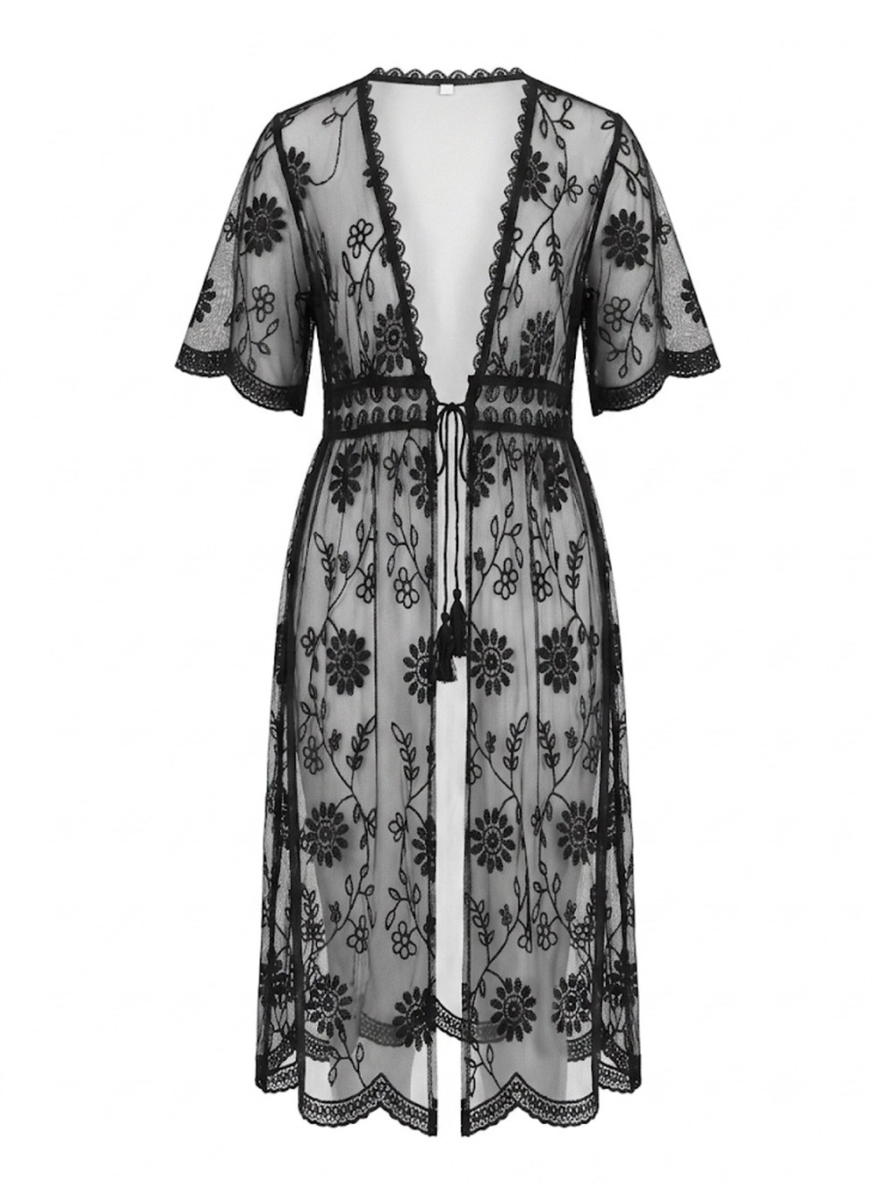 Black Sheer Floral Lace Robe with Tie Waist